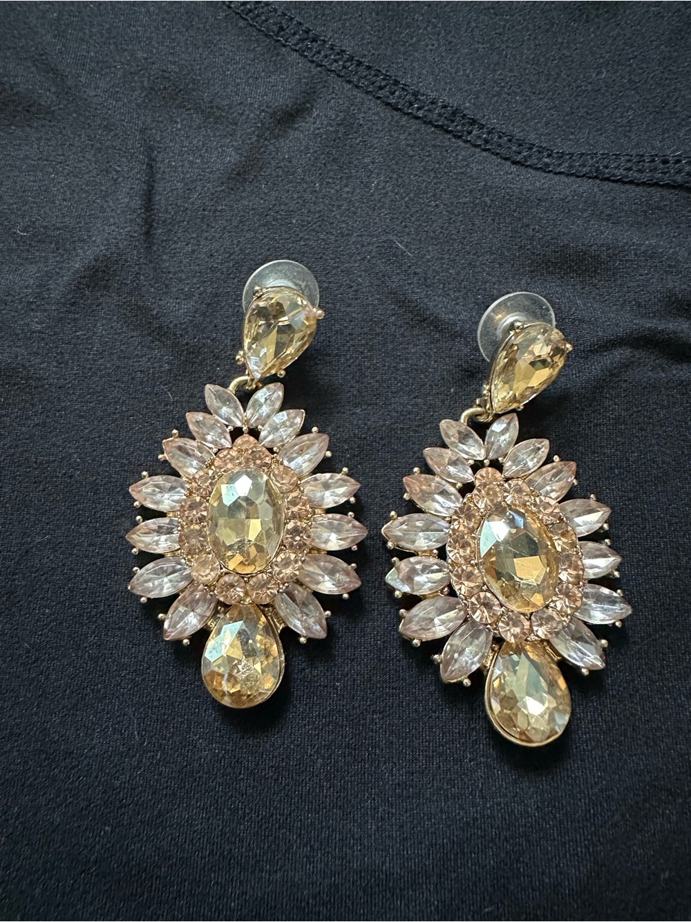 Crystal Teardrop Floral Drop Earrings - Gold Tone